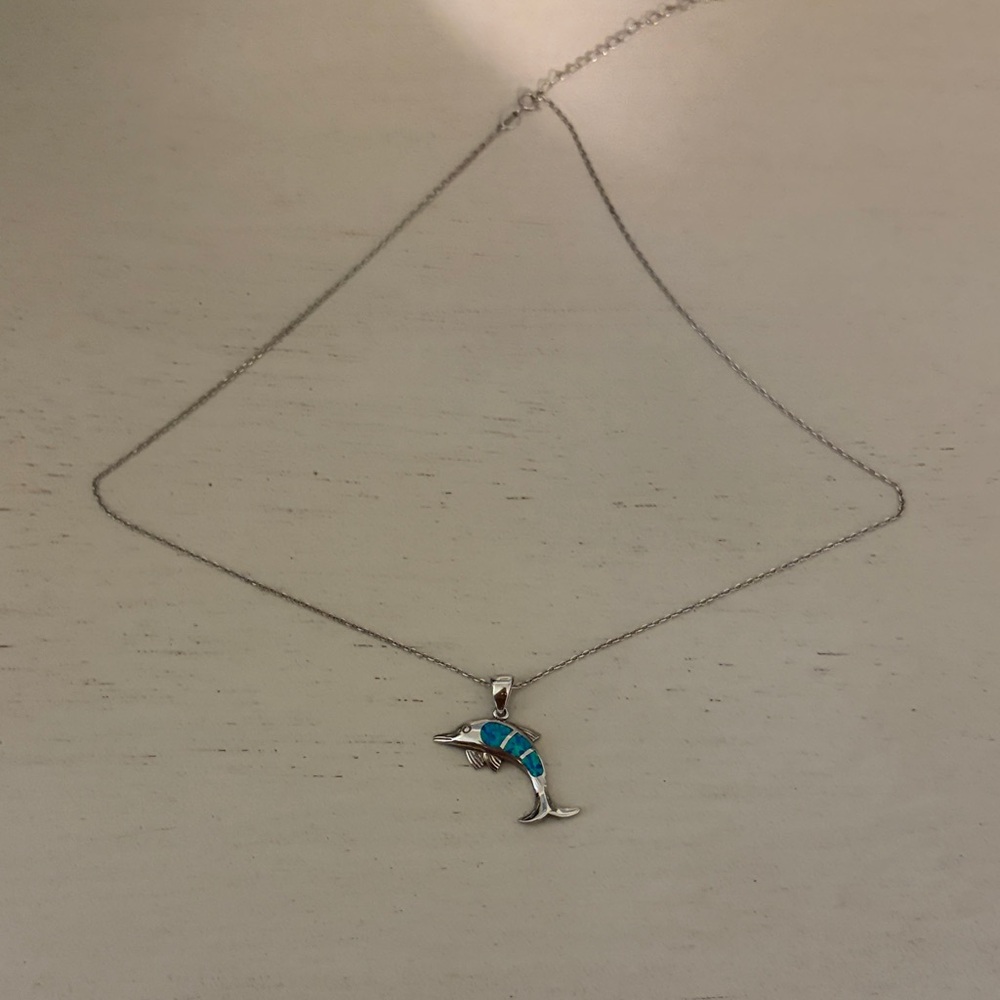 Sterling Silver 925 Blue Fire Opal Dolphin Necklace